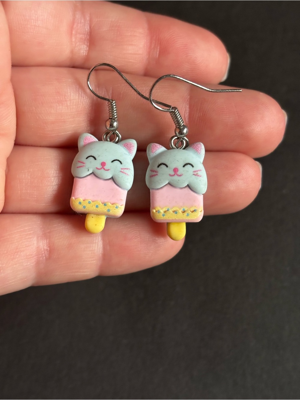 Cute Cat Popsicle Earrings Pink Blue Nickel Free Kawaii Dangle - Picture 4 of 6